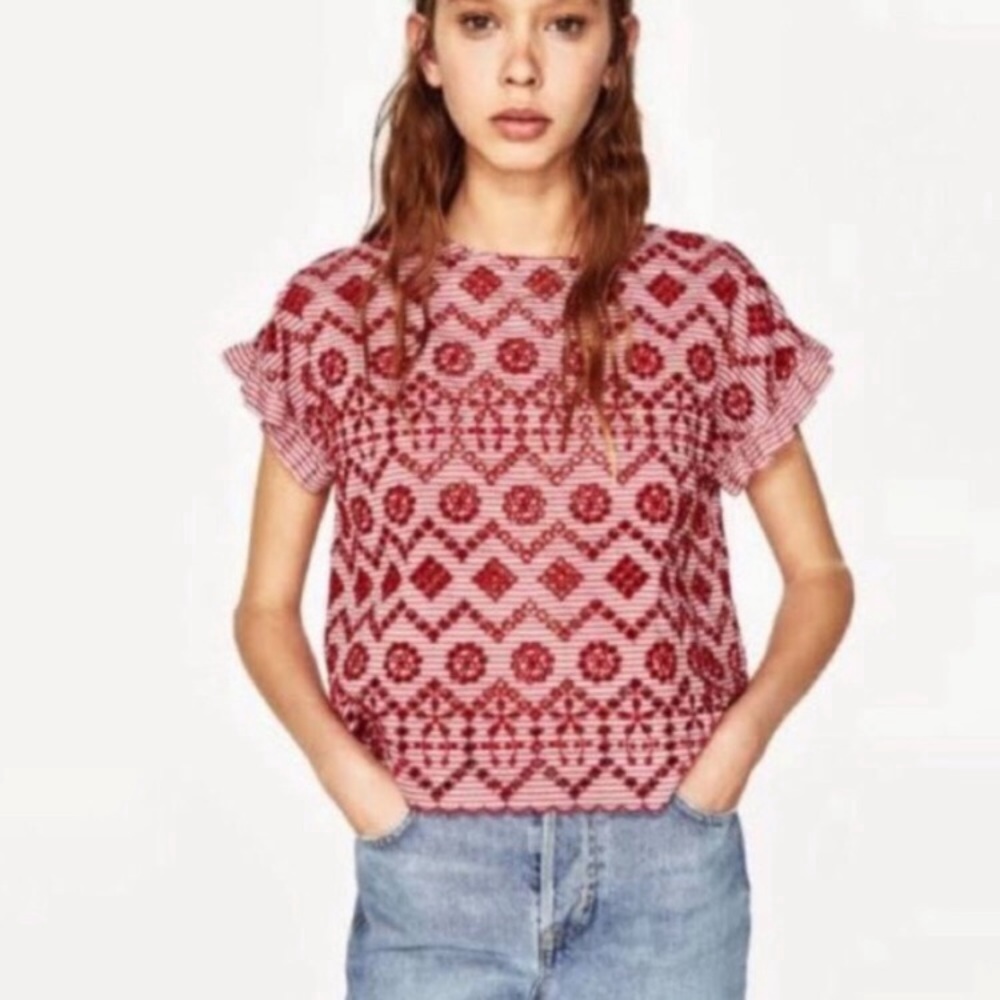 Coco Collette Red & White Top with Eyelet Geometric Pattern